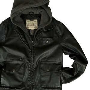 Vintage American Rag CIE Moto Bomber Faux Leather Jacket w/ Hood S grunge emo